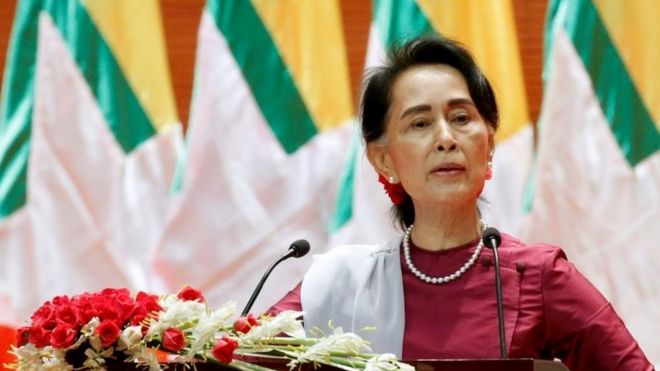 Myanmar State Counselor Aung San Suu Kyi delivers a speech to the nation over Rakhine and Rohingya situation, in Naypyitaw, Myanmar September 19, 2017