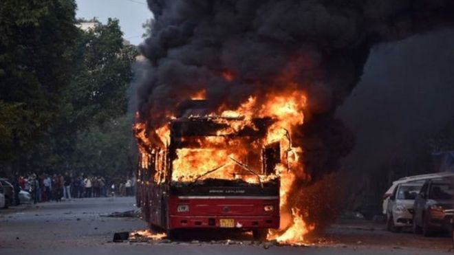 Buses were torched in Delhi on Sunday