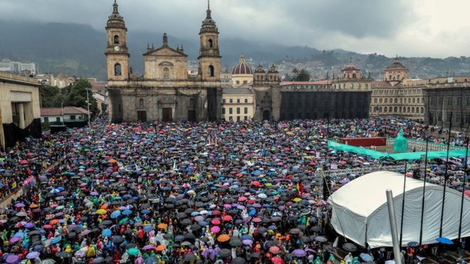 Protesta en la Plaza Bolívar, Bogotá.