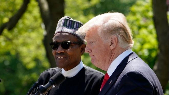 Президент Нигерии Мухаммаду Бухари (слева) и президент США Дональд Трамп в Розовом саду Белого дома