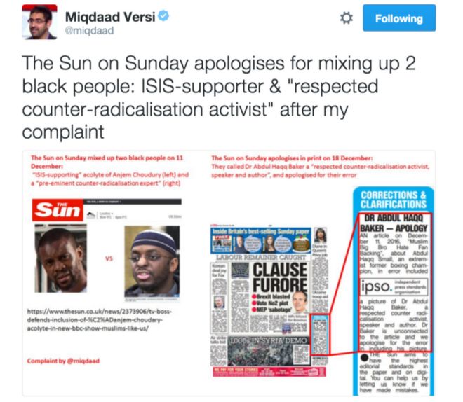 Твит от Микдаада Верси гласит: «Солнце в воскресенье приносит извинения за то, что перепутало двух чернокожих: сторонника ИГИЛ & «уважаемый активист борьбы с радикализацией»; после моей жалобы '