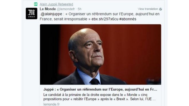 Le Monde пишет в Твиттере цитаты Алена Жюппе о рисках референдума во Франции