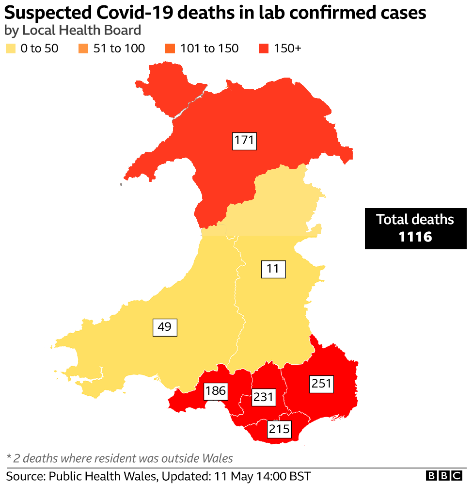 Карта, показывающая количество смертей от коронавируса в зоне управления здравоохранения Уэльса