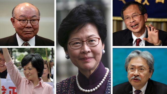 五名香港特首潜在人选：胡国兴（左上）、叶刘淑仪（左下）、林郑月娥（中）、曾钰成（右上）、曾俊华（右下）