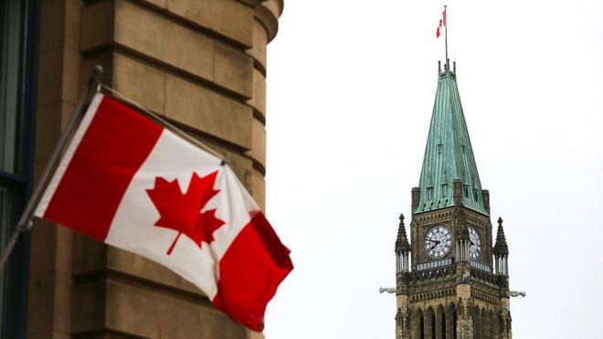 Canadian Flag on top building for Ottawa across from di Peace Tower for Centre Block of Parliament Hill.