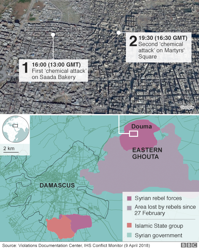 Карта с указанием мест предполагаемых химических нападений на Дума, Восточная Гута, Сирия