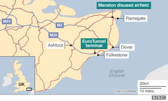 карта с изображением аэропорта Манстон и терминала Евротоннеля
