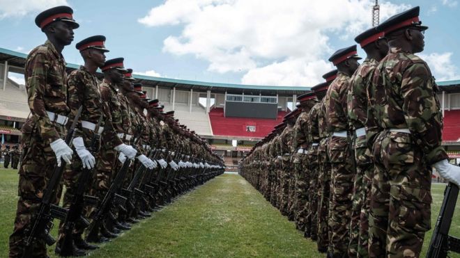 Troops rehearsed for the inauguration ceremony at the Moi International Sports Centre