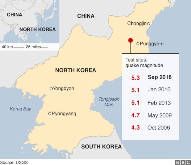 Карта предыдущих северокорейских ядерных испытаний