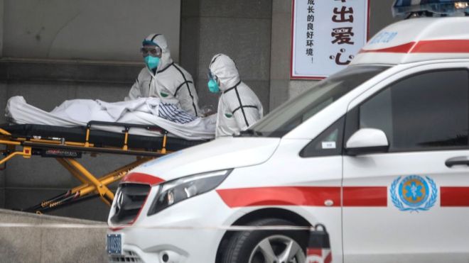 Medical staff transfer patients to Jin Yintan hospital on January 17, 2020 in Wuhan, Hubei, China.