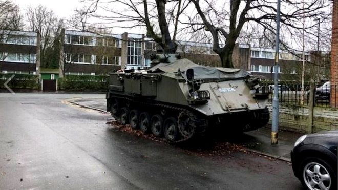 Armoured personnel carrier in Didsbury