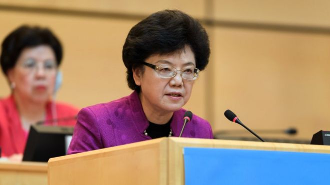 Член ЦК Ли Бин обращается к Всемирной организации здравоохранения в Швейцарии. Она возглавляет Китайскую национальную комиссию по здравоохранению и планированию семьи.