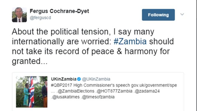 Твит от Верховного комиссара Великобритании в Замбии Фергус Кокрейн-Дайет