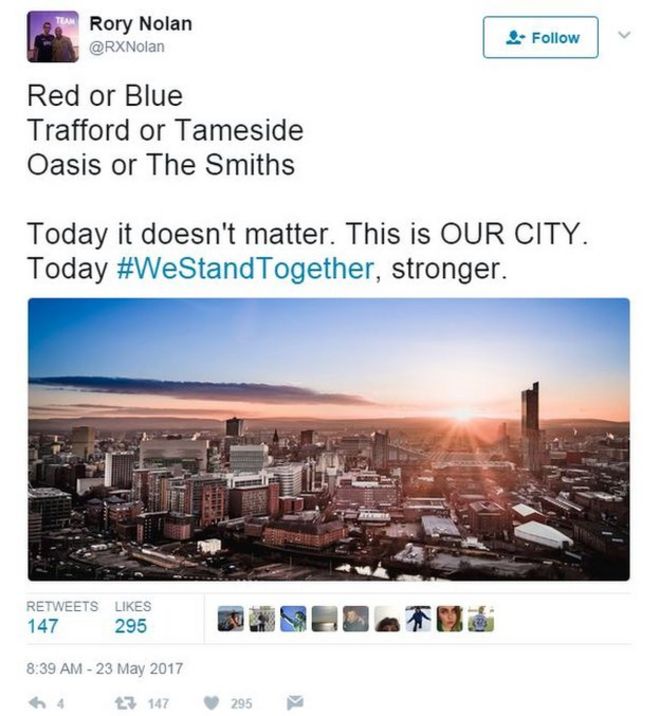 Твит Рори Нолан: «Красный или Синий, Оазис или Смиты ... Сегодня это не имеет значения. Это НАШ ГОРОД. Сегодня мы стоим вместе. & Quot;