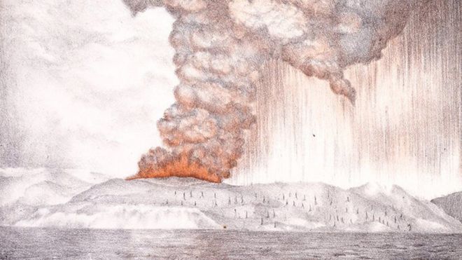 Detalhe de Litografia de Parker & Coward, publicada no relatório'The eruption of Krakatoa, and subsequent phenomena' do Krakatoa Committee da Royal Society (London, Trubner & Co., 1888)