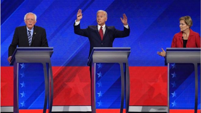 Democratic presidential hopefuls Bernie Sanders (right), Former US Vice President Joe Biden (centre) and Elizabeth Warren