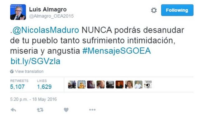 Твит Луиса Альмагро, читающий: «@NicolasMaduro НИКОГДА не сможет отменить столько страданий, запугиваний, страданий и страданий, которые вы создали для своих людей»;