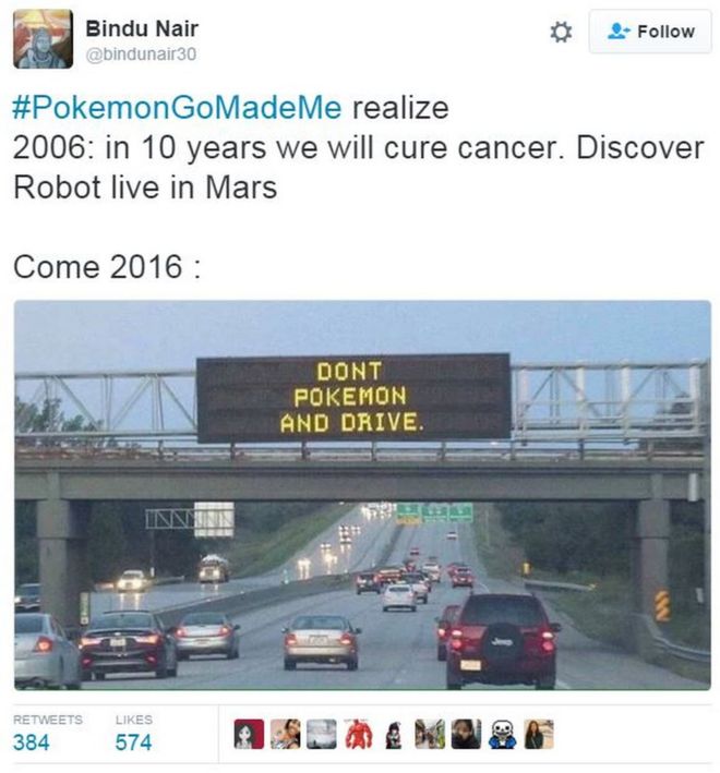 Твит Bindu Nair: «#PokemonGoMadeMe осознают 2006 год: через 10 лет мы вылечим рак. Откройте для себя Robot в прямом эфире на Mars Come 2016: изображение знака «Не покемон и езжай» & quot;