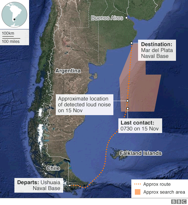 карта Аргентины с указанием морского местонахождения последнего контакта с подводной лодкой