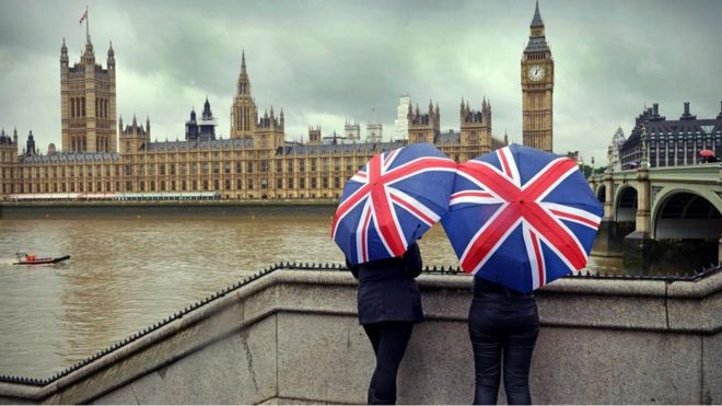 Duas mulheres usando guarda-chuva em Londres