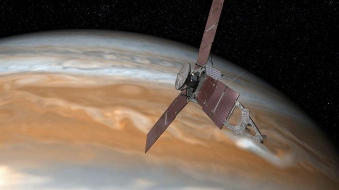 Esta imagen realizada por un artista muestra a la sonda Juno