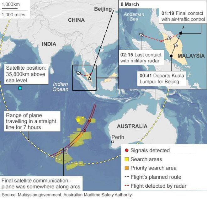 Карта, показывающая последние известные полеты полета MH370