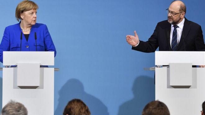 Соперничающие немецкие лидеры: Ангела Меркель из ХДС и Мартин Шульц из СДПГ