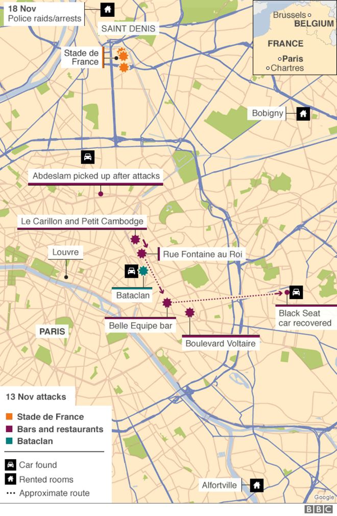 Парижские атаки и полицейские рейды - карта