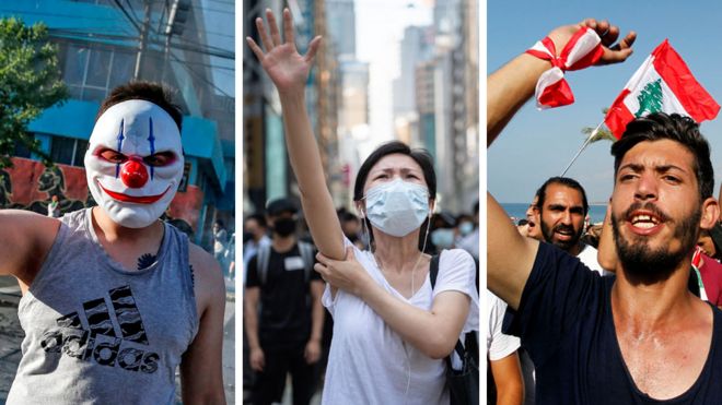A composite picture shows protesters in Chile, Hong Kong and Lebanon