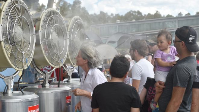 Fans cool off in front of fans at the Sydney International tennis tournament earlier this month