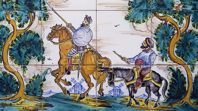Don Quijote y Sancho Panza en panel de cerámica, hecho por Andrés de las Heras, El Puente del Arzobispo, Castila-La Mancha.
