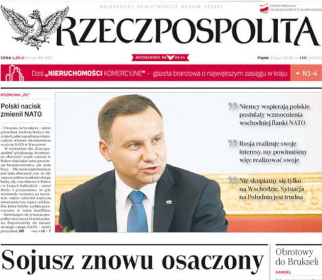 Первая страница польской газеты «Речь Посполитая»
