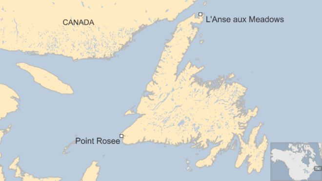 Карта с указанием местоположения мыс Розе и Ланс-ан-Медоус