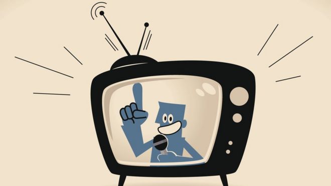 Ilustração de homem engravatado falando na TV