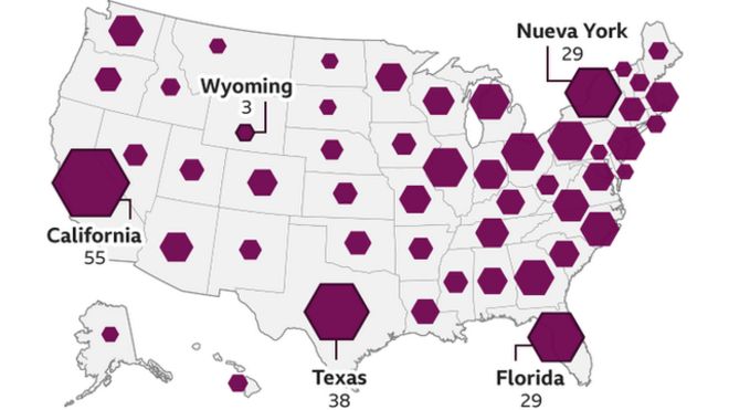 Mapa de Estados Unidos con votos electorales por cada estado.