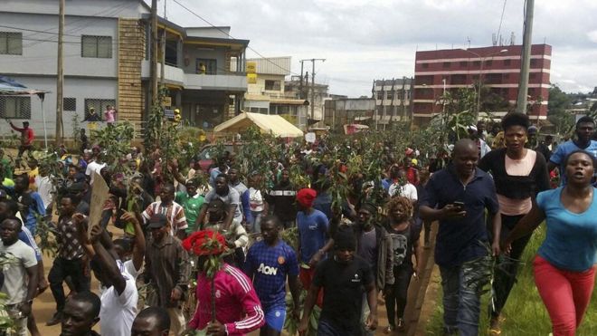 Демонстранты маршируют во время акции протеста против предполагаемой дискриминации в пользу франкоязычного большинства страны 22 сентября 2017 года в Баменде, северо-запад Камеруна