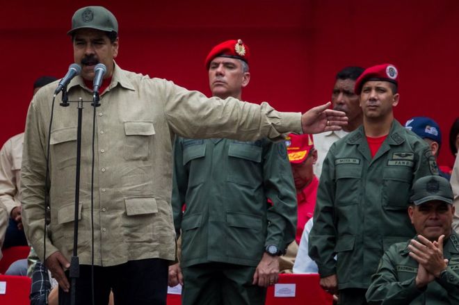 El presidente de Venezuela, Nicolás Maduro, durante un acto militar organizado con ocasión del séptimo aniversario del día de la milicia nacional el 17 de abril de 2017.