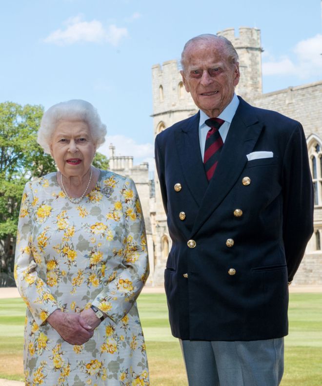 Queen Elizabeth II and the Duke of Edinburgh pictured 1/6/2020 in the quadrangle of Windsor Castle ahead of his 99th birthday on Wednesday.