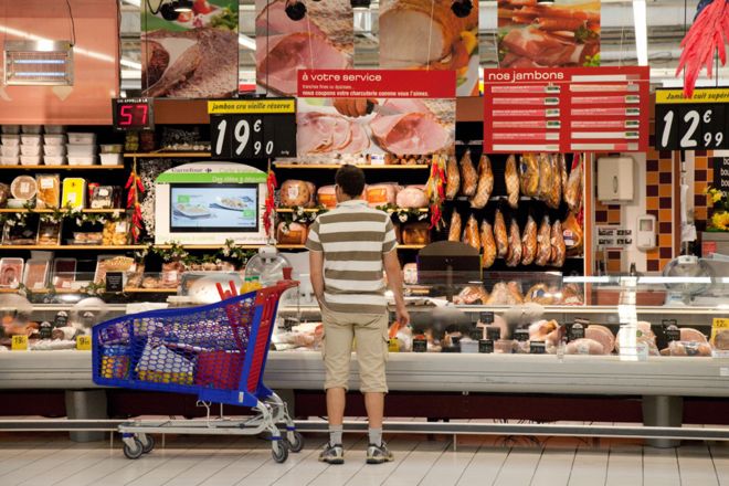 Человек у мясного прилавка, супермаркет во Франции