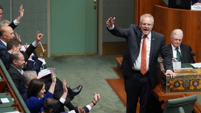 Australian Prime Minister Scott Morrison And Several Government Mps Raise Their Hands In The House Of Australian Prime Minister Scott Morrison And Several Government Mps Raise Their Hands In The House Of