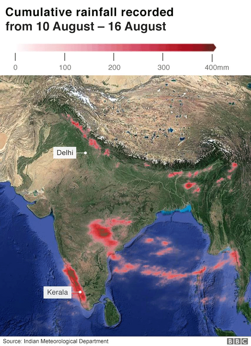 Карта, показывающая количество осадков в Индии 10 - 16 августа