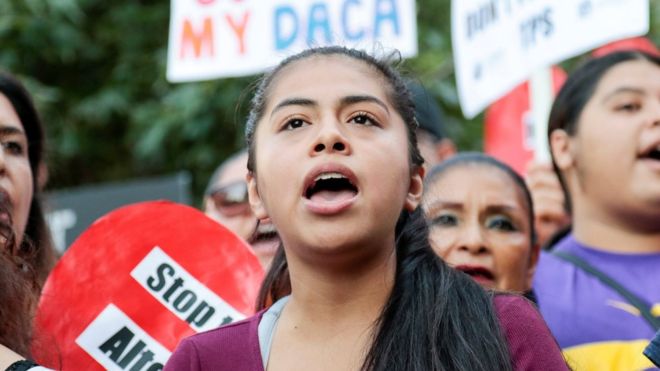 Rocio, a Daca programme recipient, at a rally outside the Federal Building in Los Angeles, California, September 1, 2017