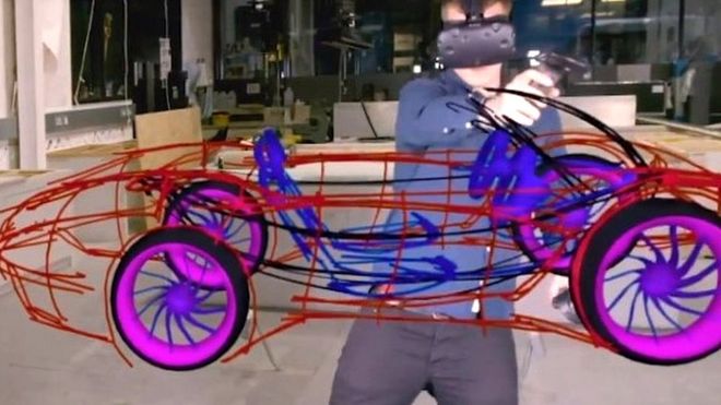 Человек рисует виртуальную машину носить гарнитуру VR