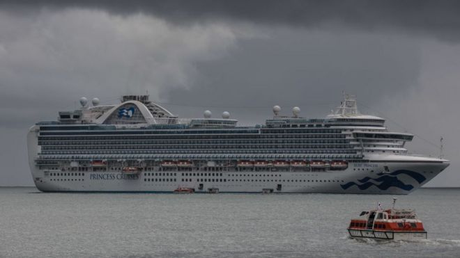 The Ruby Princess, a Grand-class cruise ship operated by Princess Cruises, drops anchor in the Santa Barbara Channel on February 15, 2019, in Santa Barbara, California.