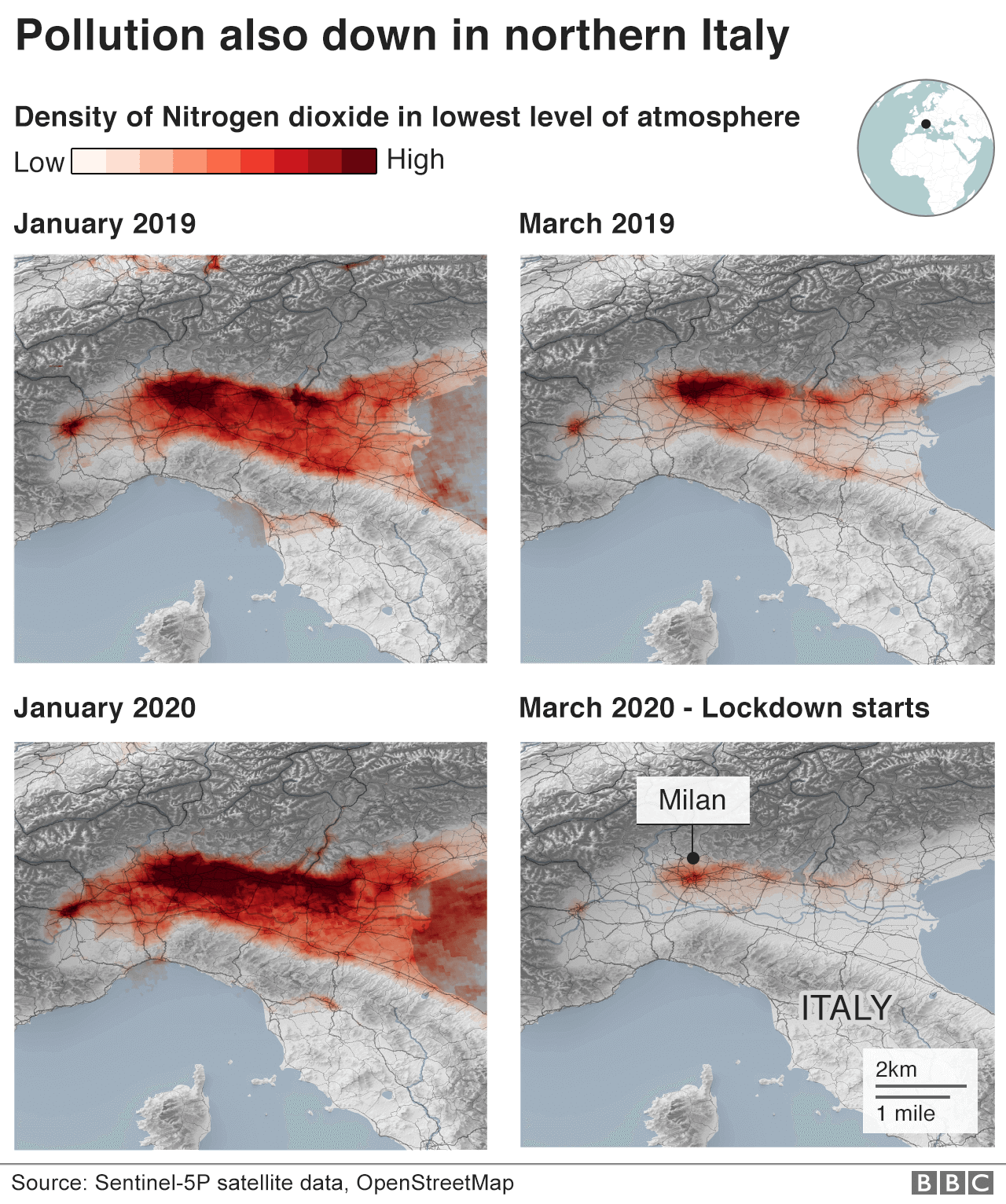 Карта, показывающая изменение уровней загрязнения в северной Италии