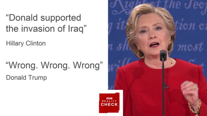 Хиллари Клинтон говорит, что Дональд Трамп поддержал вторжение в Ирак в 2003 году, но он отрицает, что