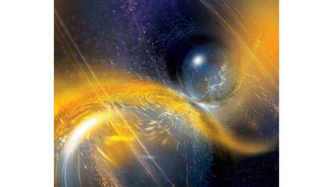 பைனரி நியூட்ரான் நட்சத்திய இணைப்பு குறித்த ஒரு கலைஞரின் கற்பனை ஓவியம்