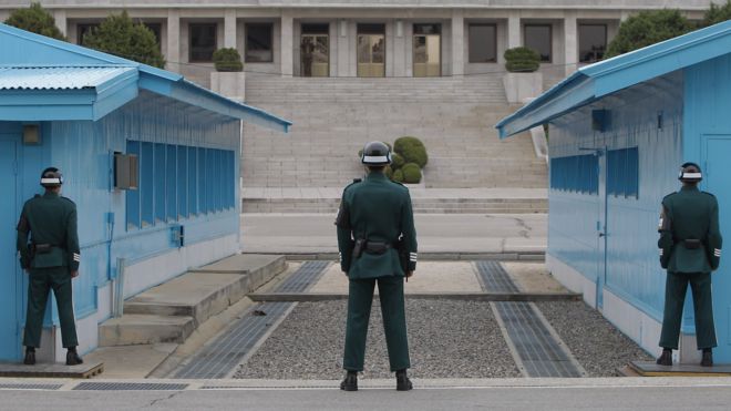 South Korean soldiers stand guard at border village of Panmunjom between South and North Korea at the Demilitarised Zone (DMZ) on April 23, 2013