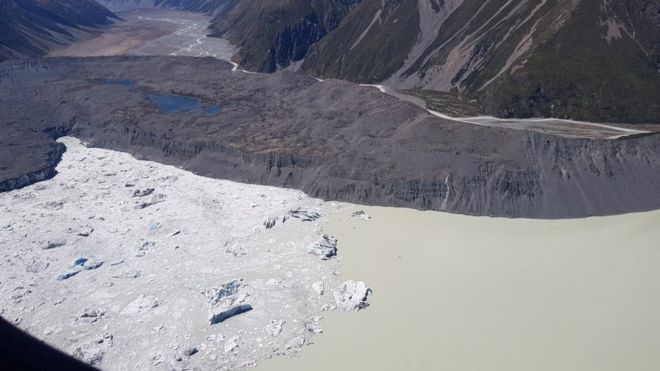 Aerial view of Tasman Glacier and lake