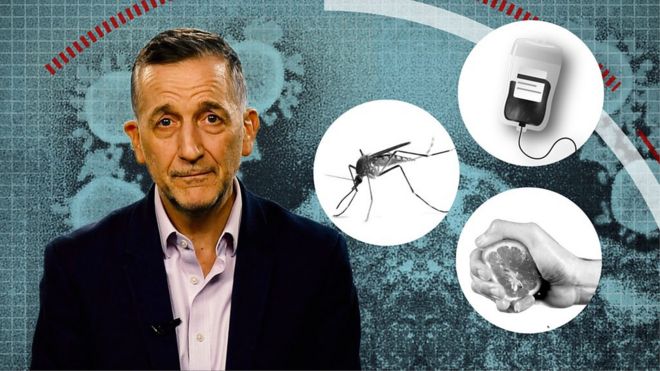 Reality Check presenter Chris Morris next to symbols of coronavirus myths being shared online